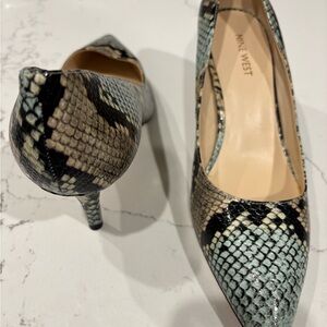 Nine West Snake-Print Pointed Pumps in Black, Beige and Light Blue